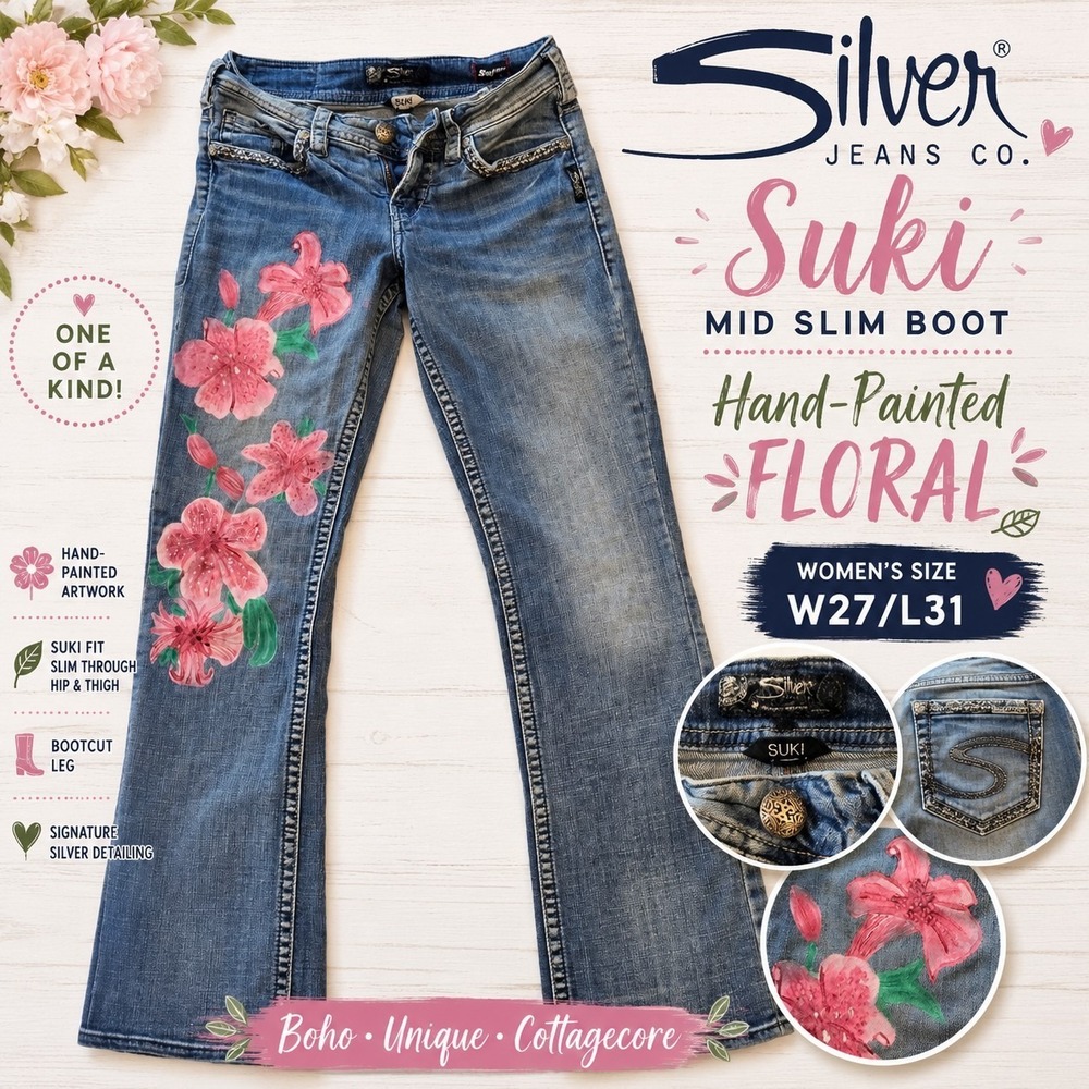 Silver Suki Mid Slim Boot Jeans W27 L31 Hand Painted Floral Pink Flowers Boho